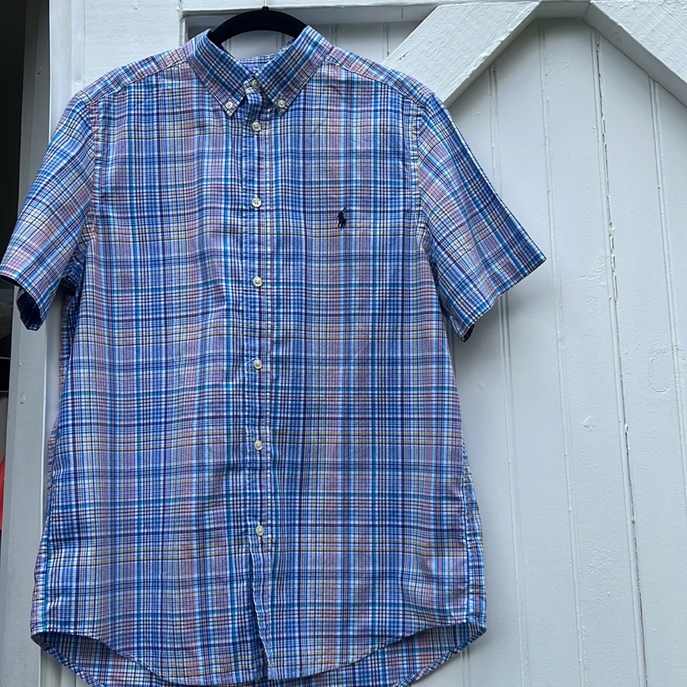 Ralph Lauren Natural Stretch plaid button down cotton shirt. Boys XL 18-20.